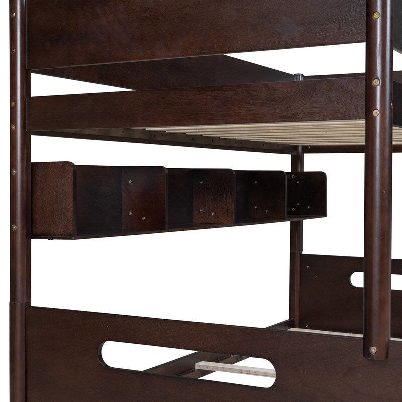 Wood Twin over Full Bunk Trundle Bed with Storage Shelves and Twin Size