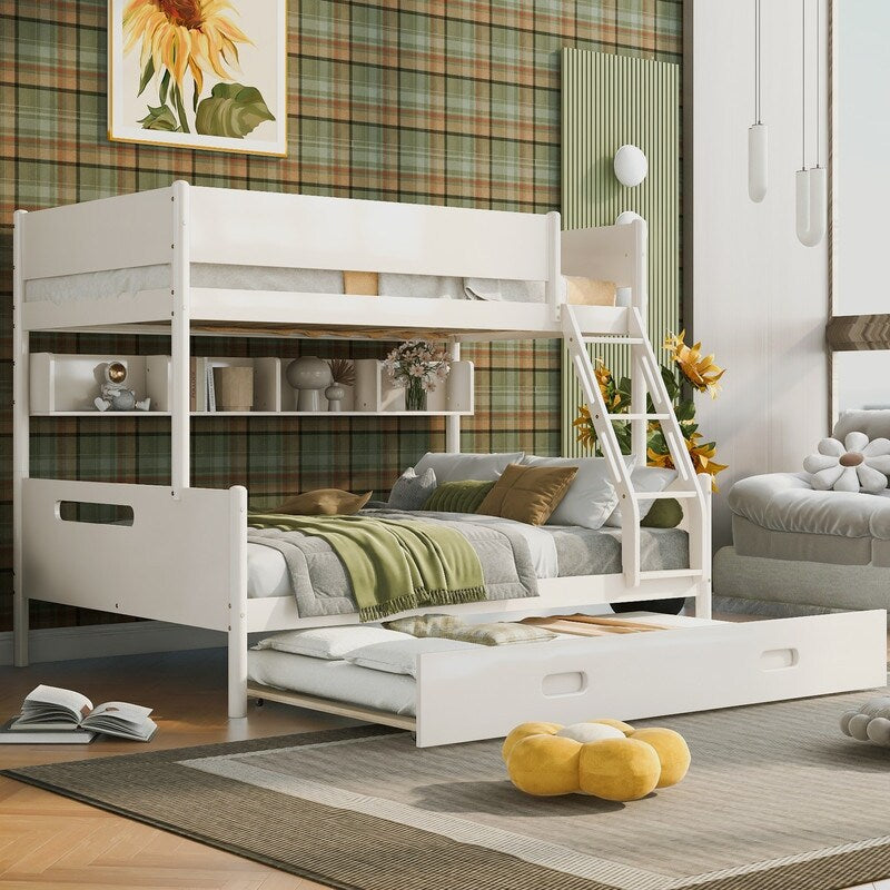 Wood Twin over Full Bunk Trundle Bed with Storage Shelves and Twin Size