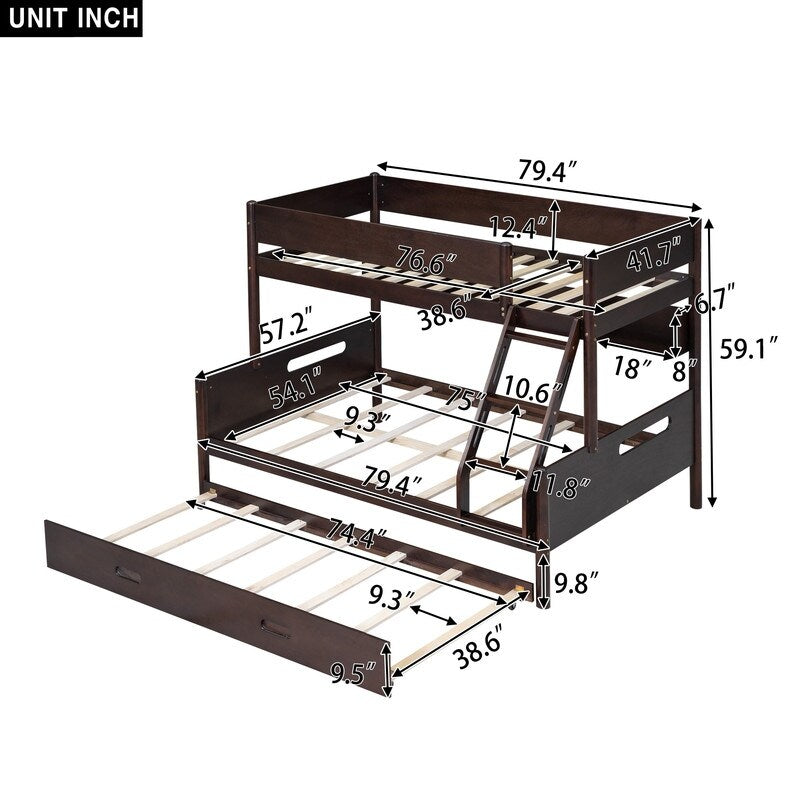 Wood Twin over Full Bunk Trundle Bed with Storage Shelves and Twin Size