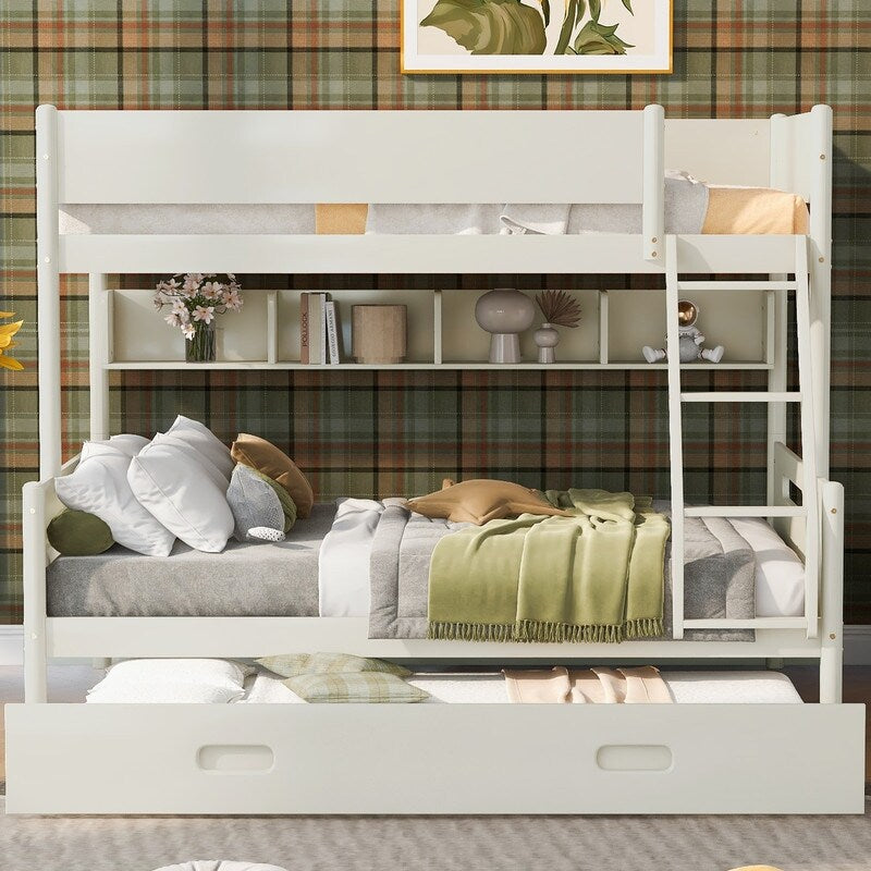 Wood Twin over Full Bunk Trundle Bed with Storage Shelves and Twin Size