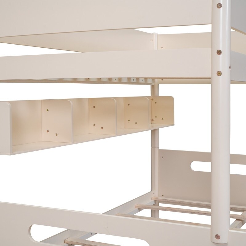Wood Twin over Full Bunk Trundle Bed with Storage Shelves and Twin Size
