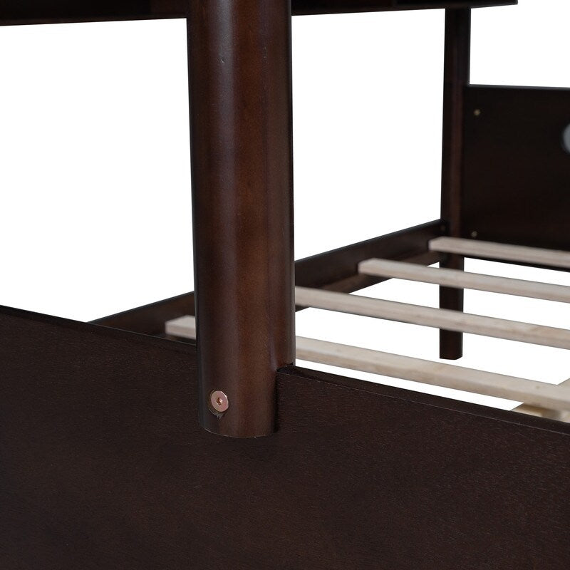Wood Twin over Full Bunk Trundle Bed with Storage Shelves and Twin Size