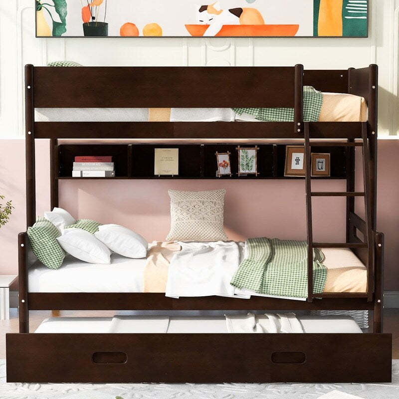 Wood Twin over Full Bunk Trundle Bed with Storage Shelves and Twin Size