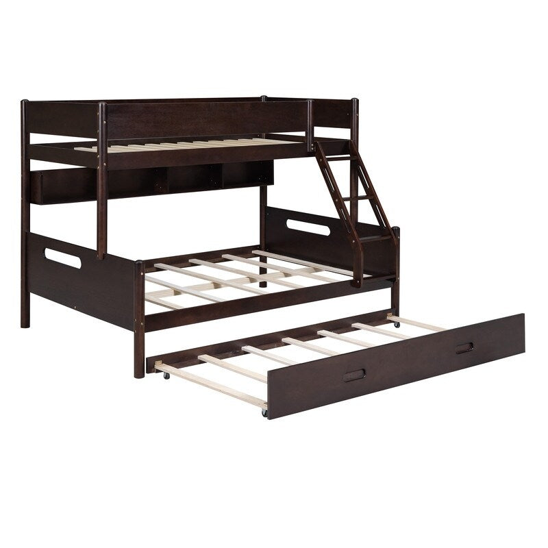 Wood Twin over Full Bunk Trundle Bed with Storage Shelves and Twin Size