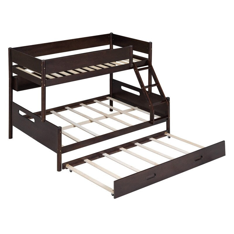 Wood Twin over Full Bunk Trundle Bed with Storage Shelves and Twin Size