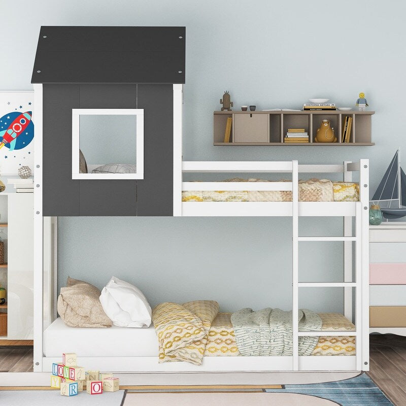 Wood Twin over Twin House Shaped Low Bunk Bed with Roof,Gray&White