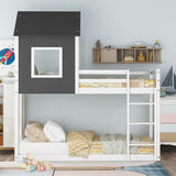 Wood Twin over Twin House Shaped Low Bunk Bed with Roof,Gray&White