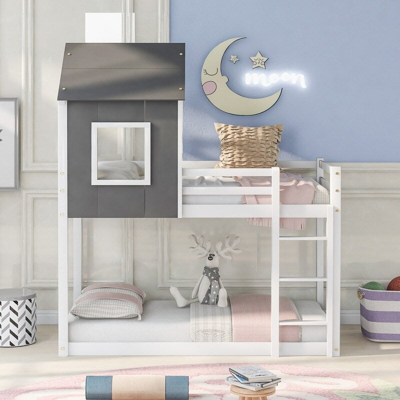Wood Twin over Twin House Shaped Low Bunk Bed with Roof,Gray&White