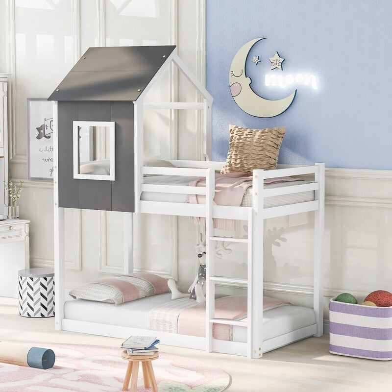 Wood Twin over Twin House Shaped Low Bunk Bed with Roof,Gray&White