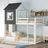 Wood Twin over Twin House Shaped Low Bunk Bed with Roof,Gray&White