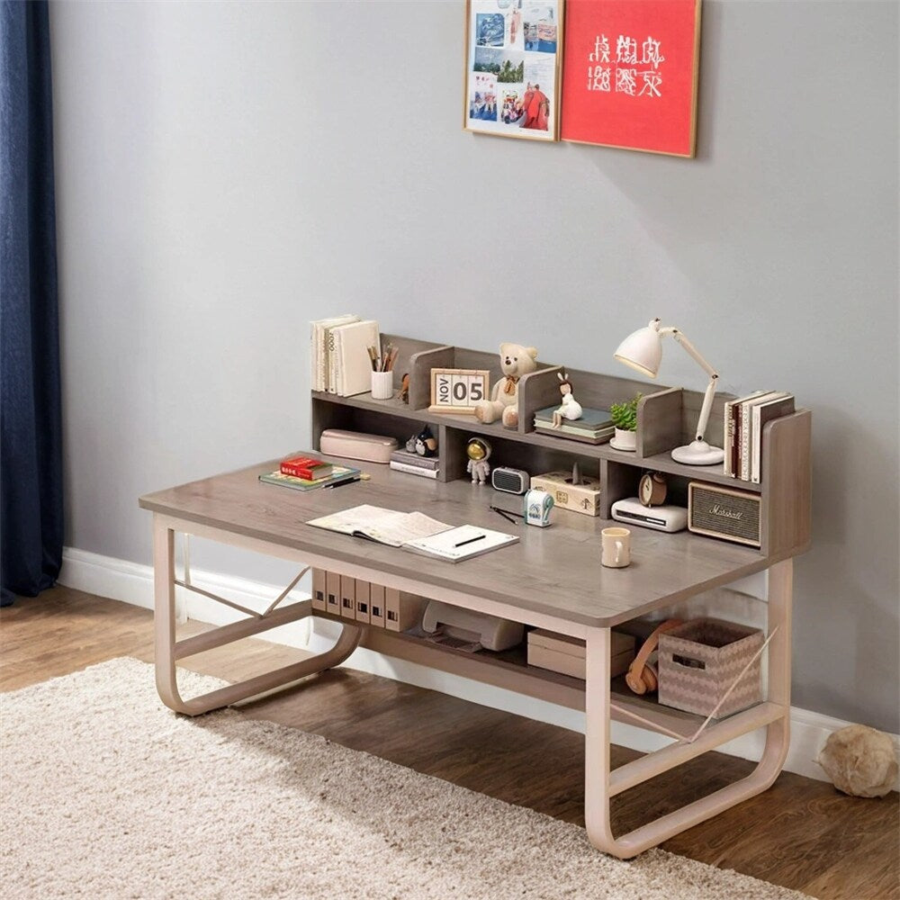Wood Writing Desk with Bookshelf and Storage