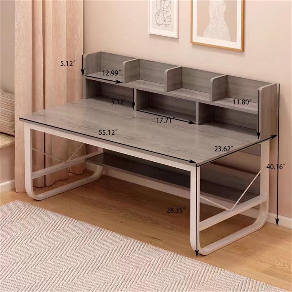 Wood Writing Desk with Bookshelf and Storage