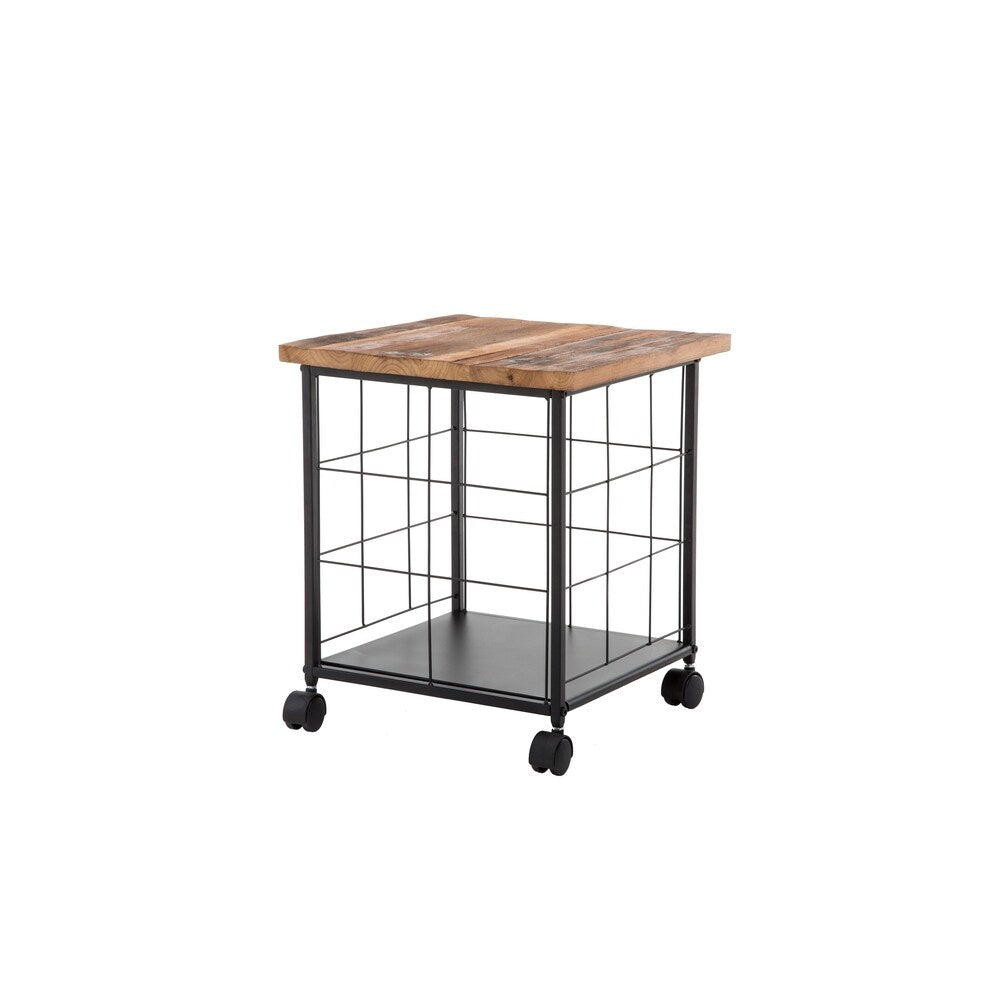 Wood and Metal File Cabinet with Grid Base and Wheels, Brown and Black