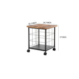 Wood and Metal File Cabinet with Grid Base and Wheels, Brown and Black
