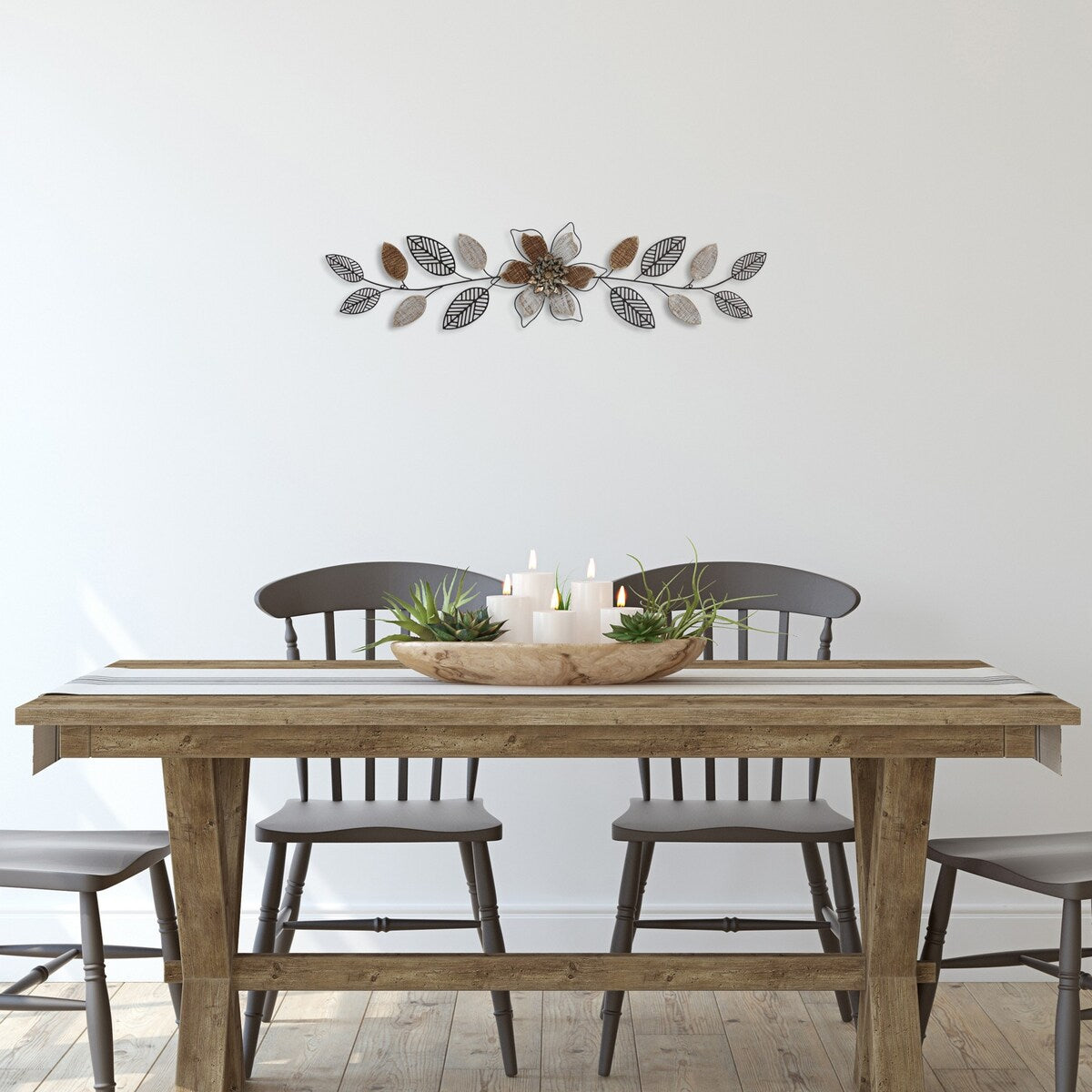 Wood and Metal Floral Three Pane Wall Décor - 10.24" H x 40.16" W x 1.38" D