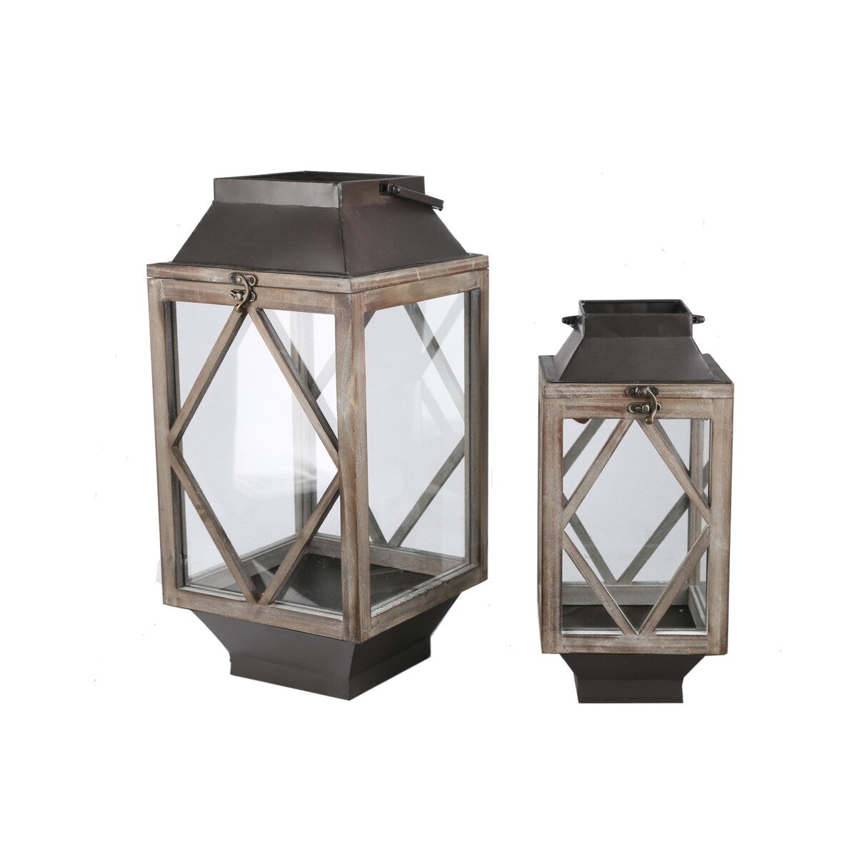 Wood and Metal Lantern with Diamond Body Design, Brown and Black, Set of 2