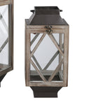 Wood and Metal Lantern with Diamond Body Design, Brown and Black, Set of 2