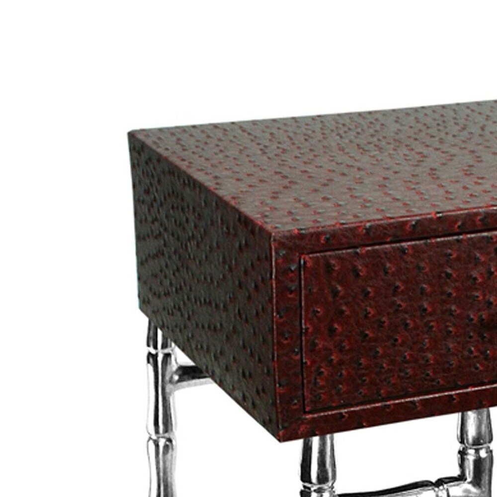 24 Inch Vintage 1 Drawer Accented Side Table, Faux Shagreen, Red, Silver