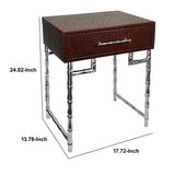 24 Inch Vintage 1 Drawer Accented Side Table, Faux Shagreen, Red, Silver