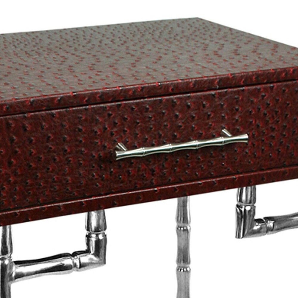 24 Inch Vintage 1 Drawer Accented Side Table, Faux Shagreen, Red, Silver