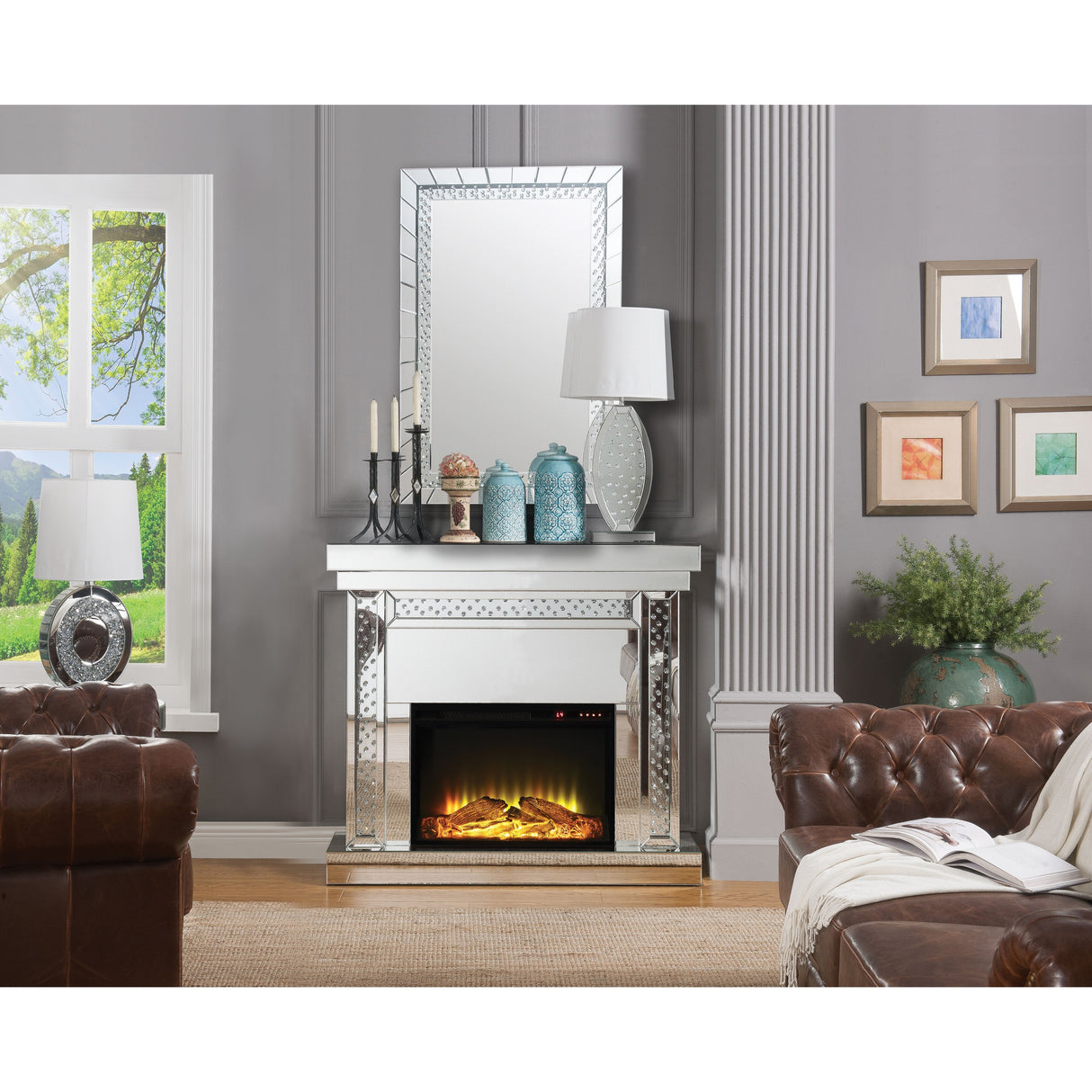 Wood and Mirror Electric Fireplace with Embedded Faux Crystals, Clear
