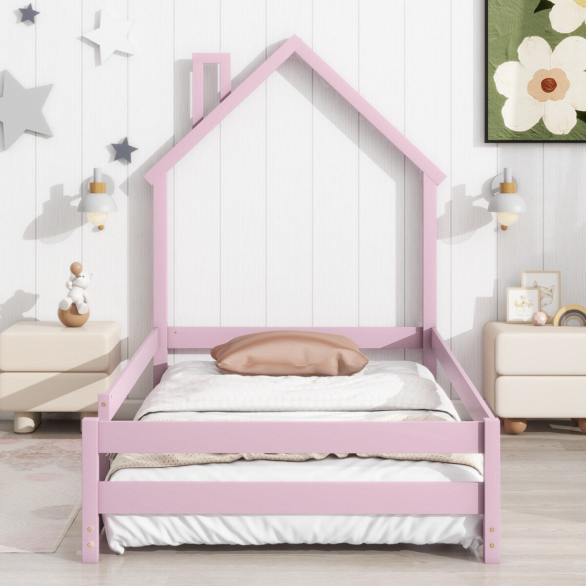 Wood bed with House-shaped Headboard Floor bed with Fences