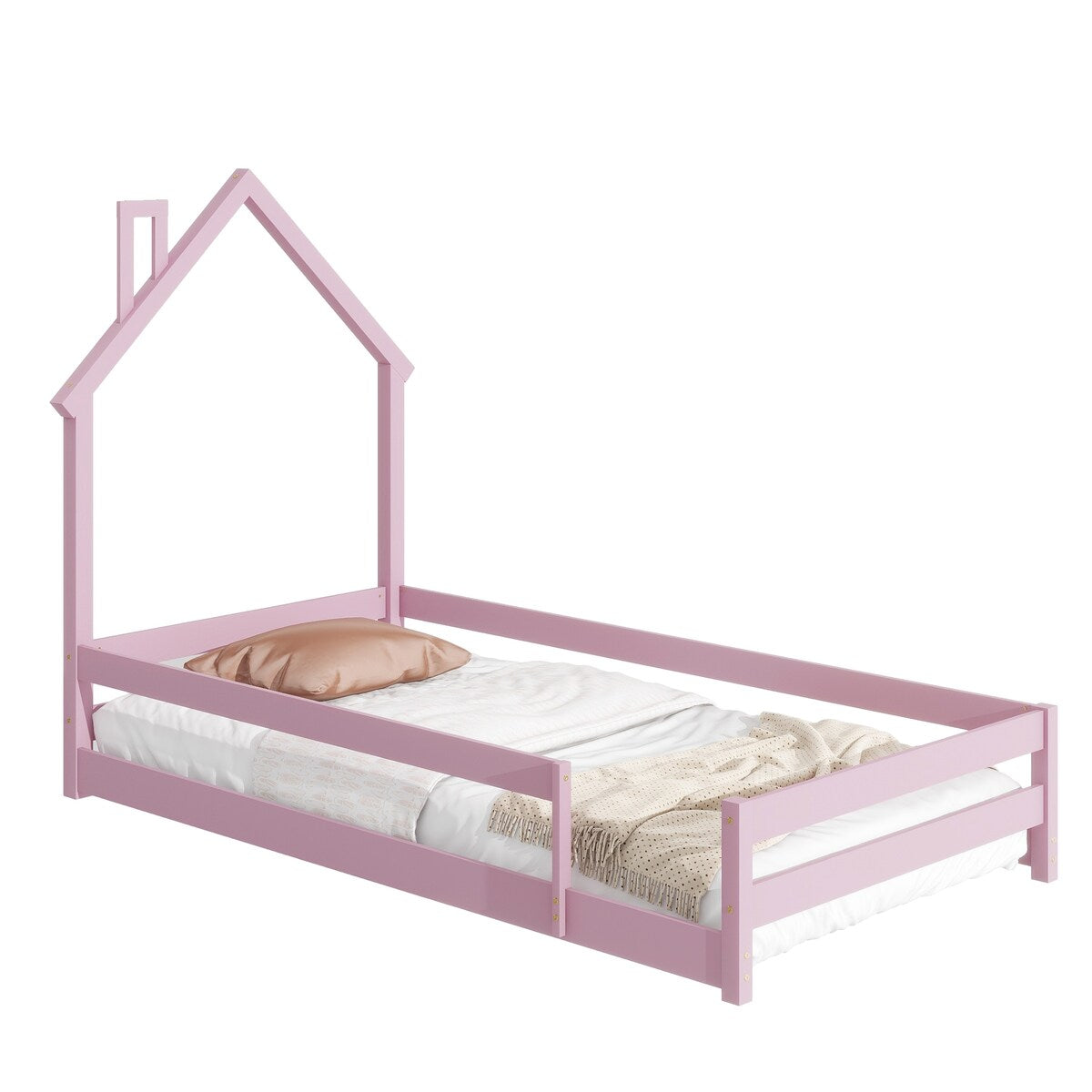 Wood bed with House-shaped Headboard Floor bed with Fences