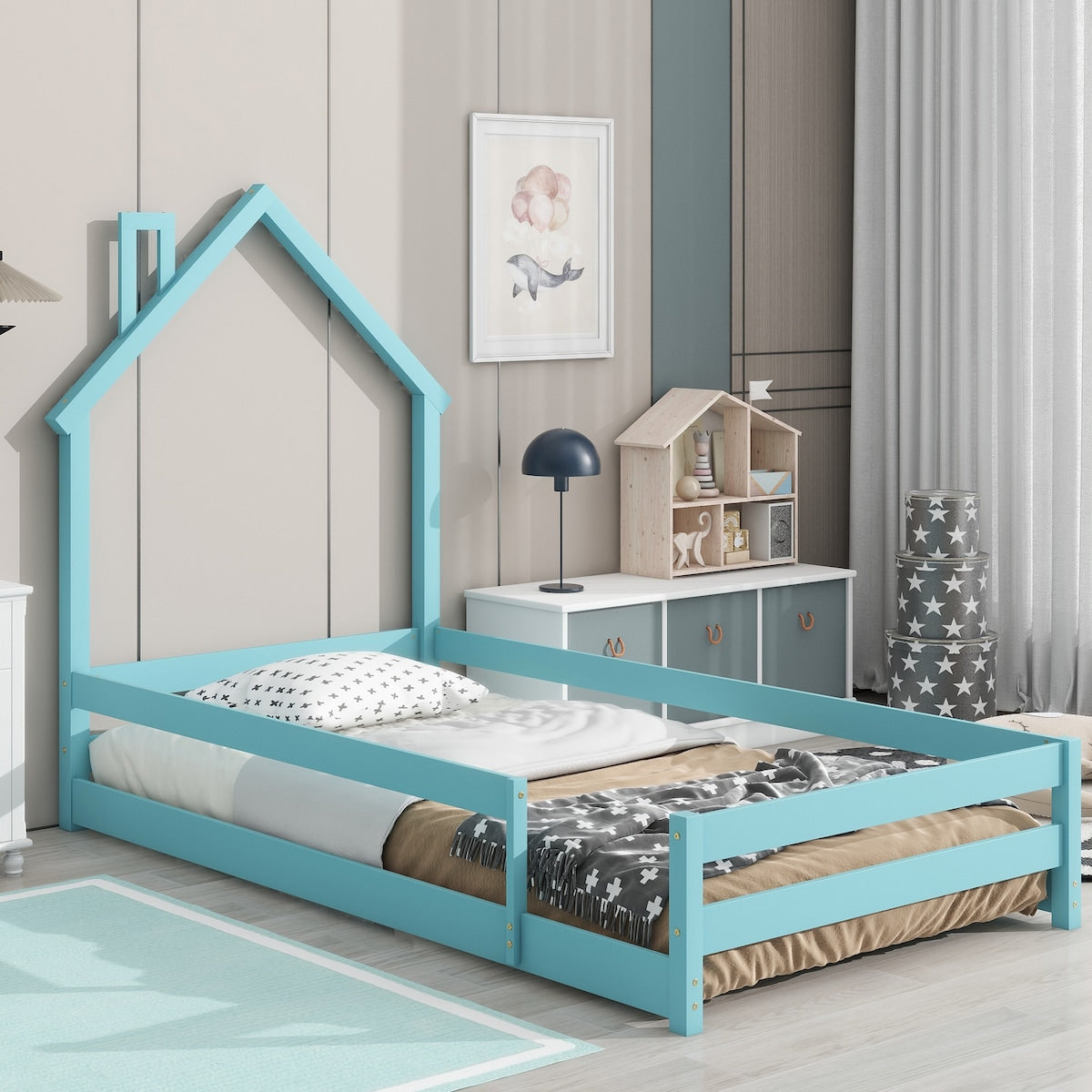 Wood bed with House-shaped Headboard Floor bed with Fences