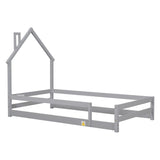 Wood bed with House-shaped Headboard Floor bed with Fences