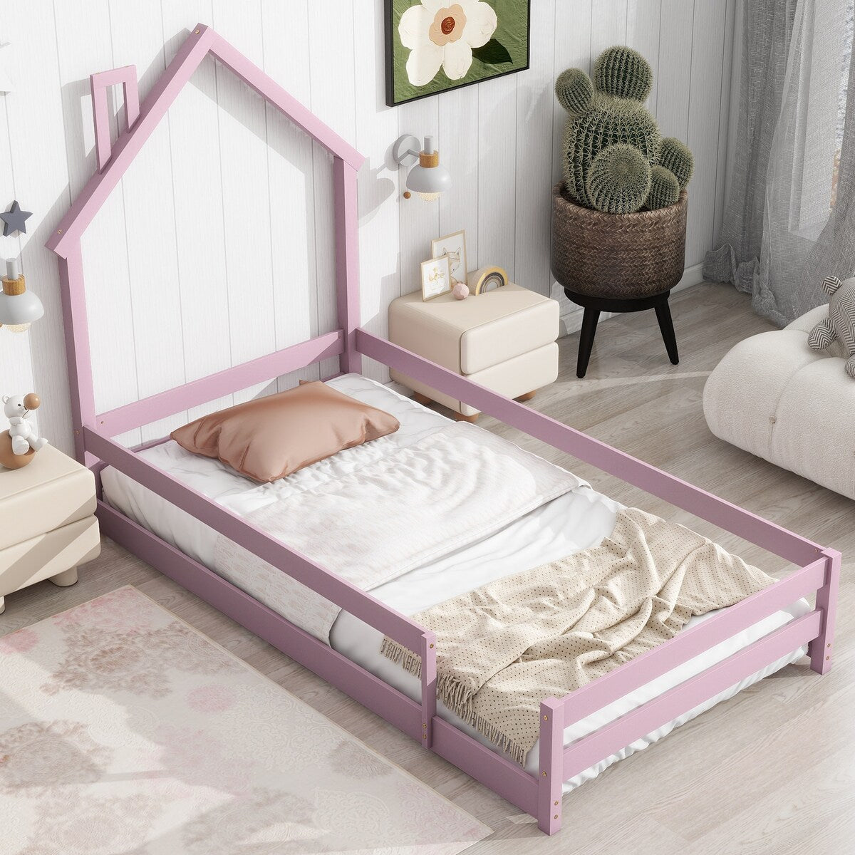 Wood bed with House-shaped Headboard Floor bed with Fences