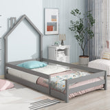 Wood bed with House-shaped Headboard Floor bed with Fences