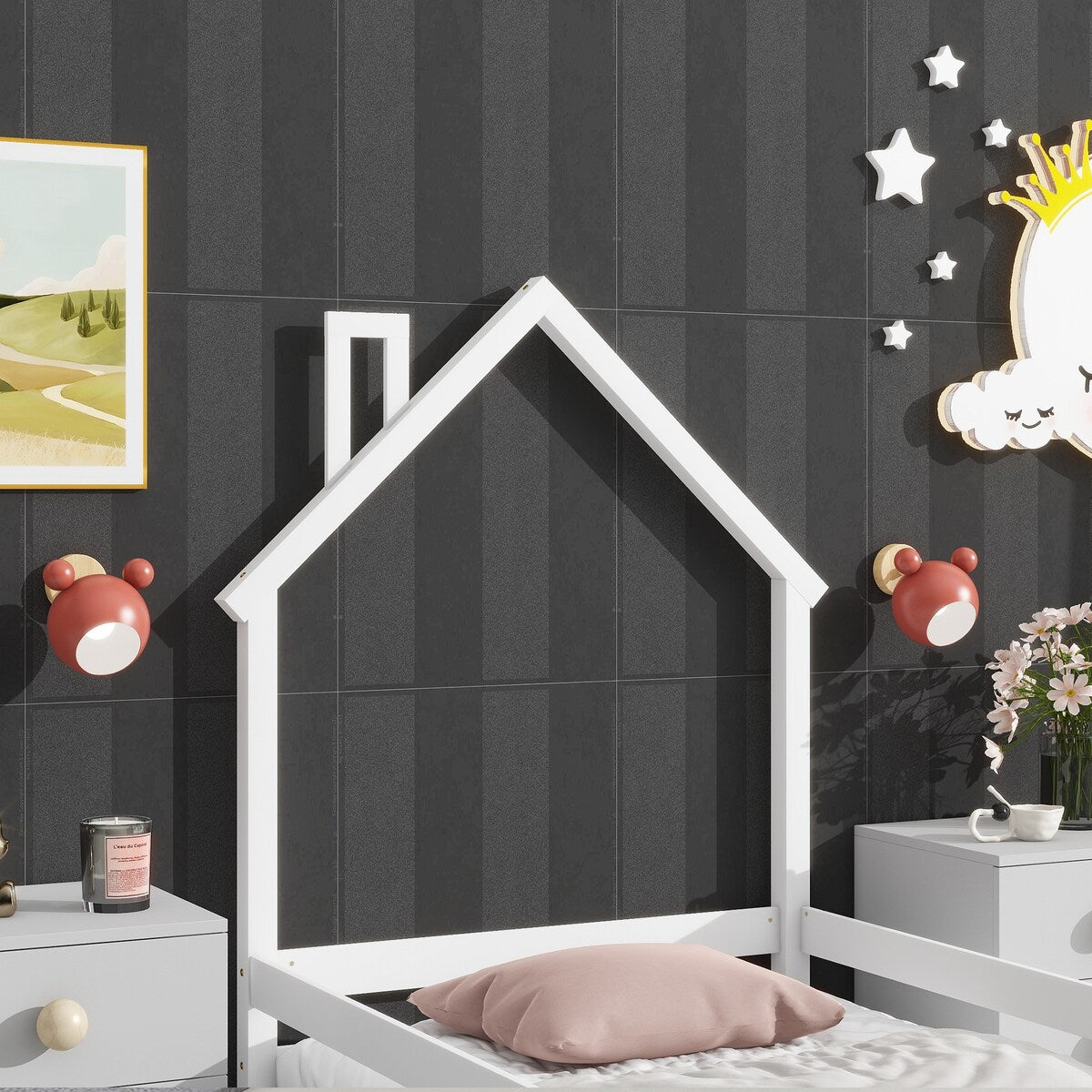 Wood bed with House-shaped Headboard Floor bed with Fences