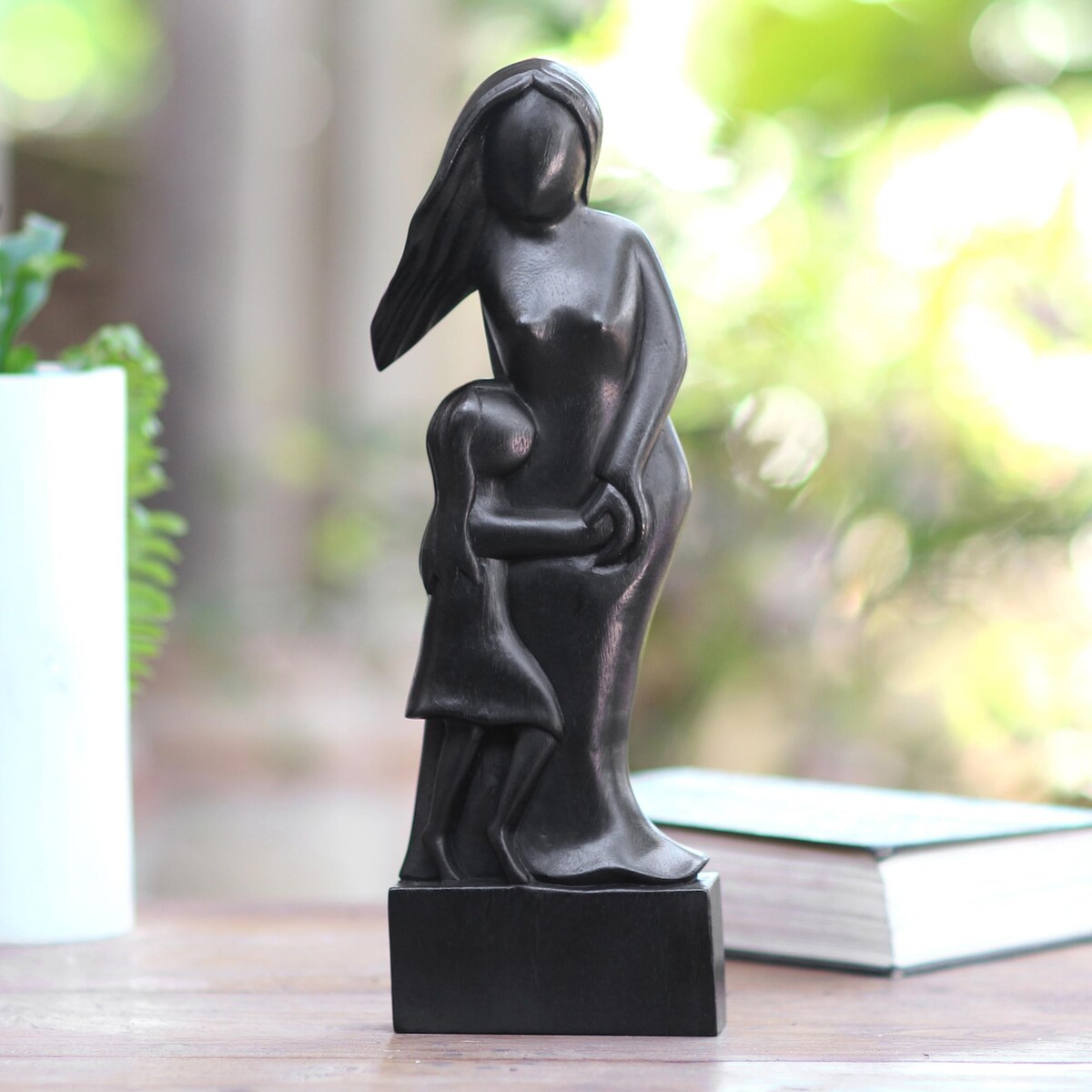 Wood sculpture, 'Mother and Daughter in Black' - 14.25" H x 4.7" W x 1.6" D