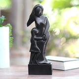 Wood sculpture, 'Mother and Daughter in Black' - 14.25" H x 4.7" W x 1.6" D