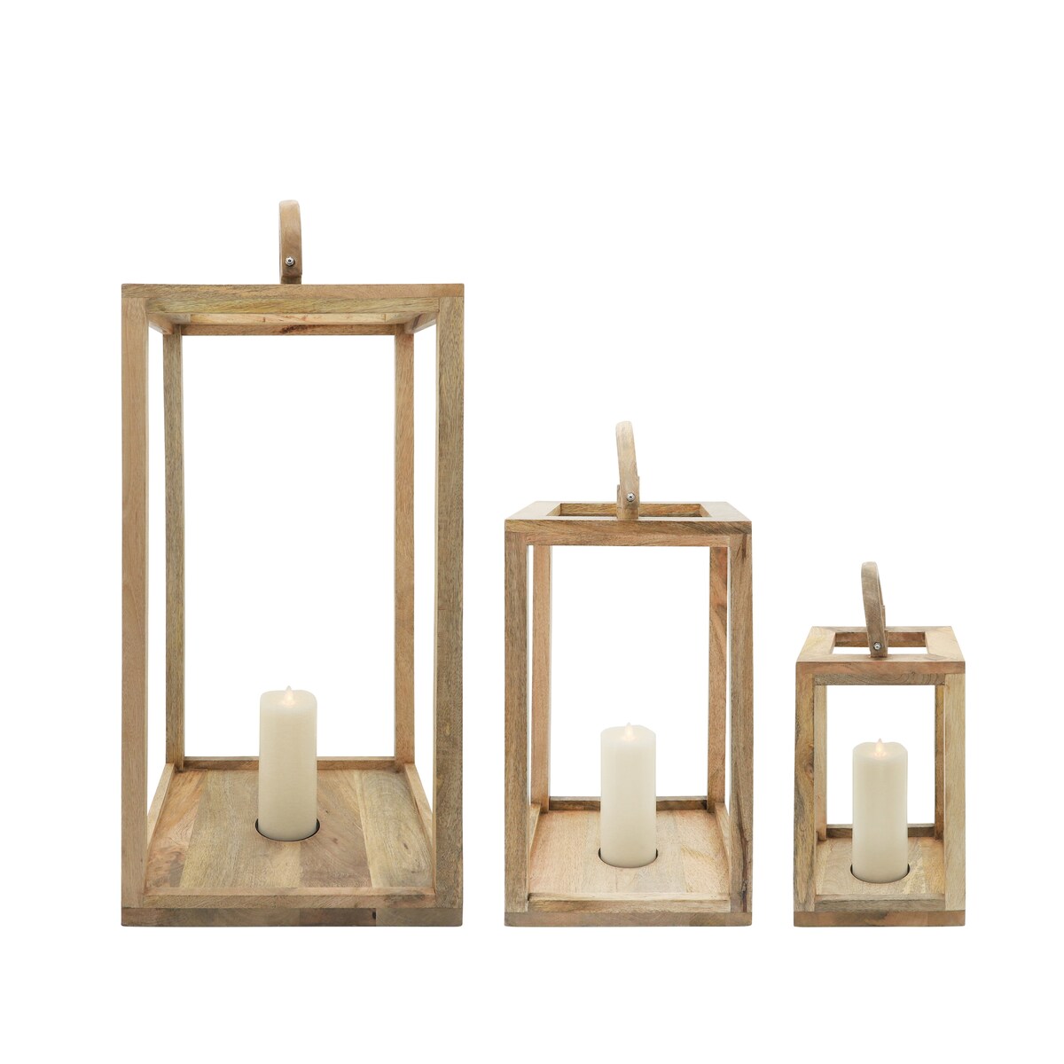 Wood, Set of 3 17, 23, 31"h Open Lanterns, Natural 29.0"H - 14.0" x 14.0" x 29.0"