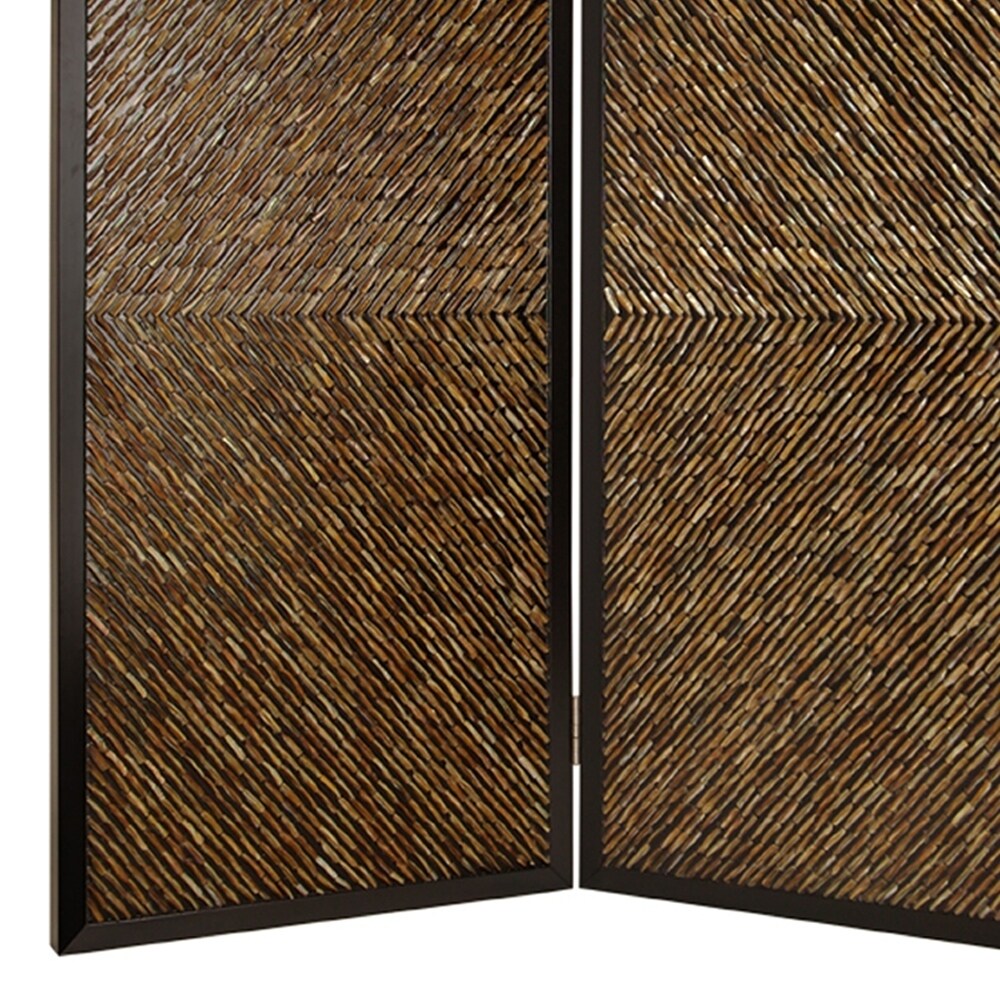 Wooden 2 Panel Room Divider with Abalone Inlay, Large, Brown and Black