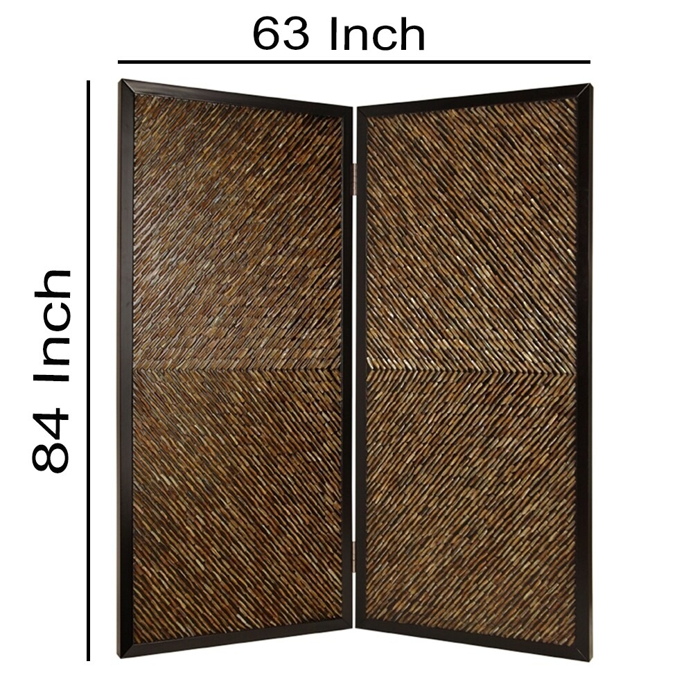 Wooden 2 Panel Room Divider with Abalone Inlay, Large, Brown and Black
