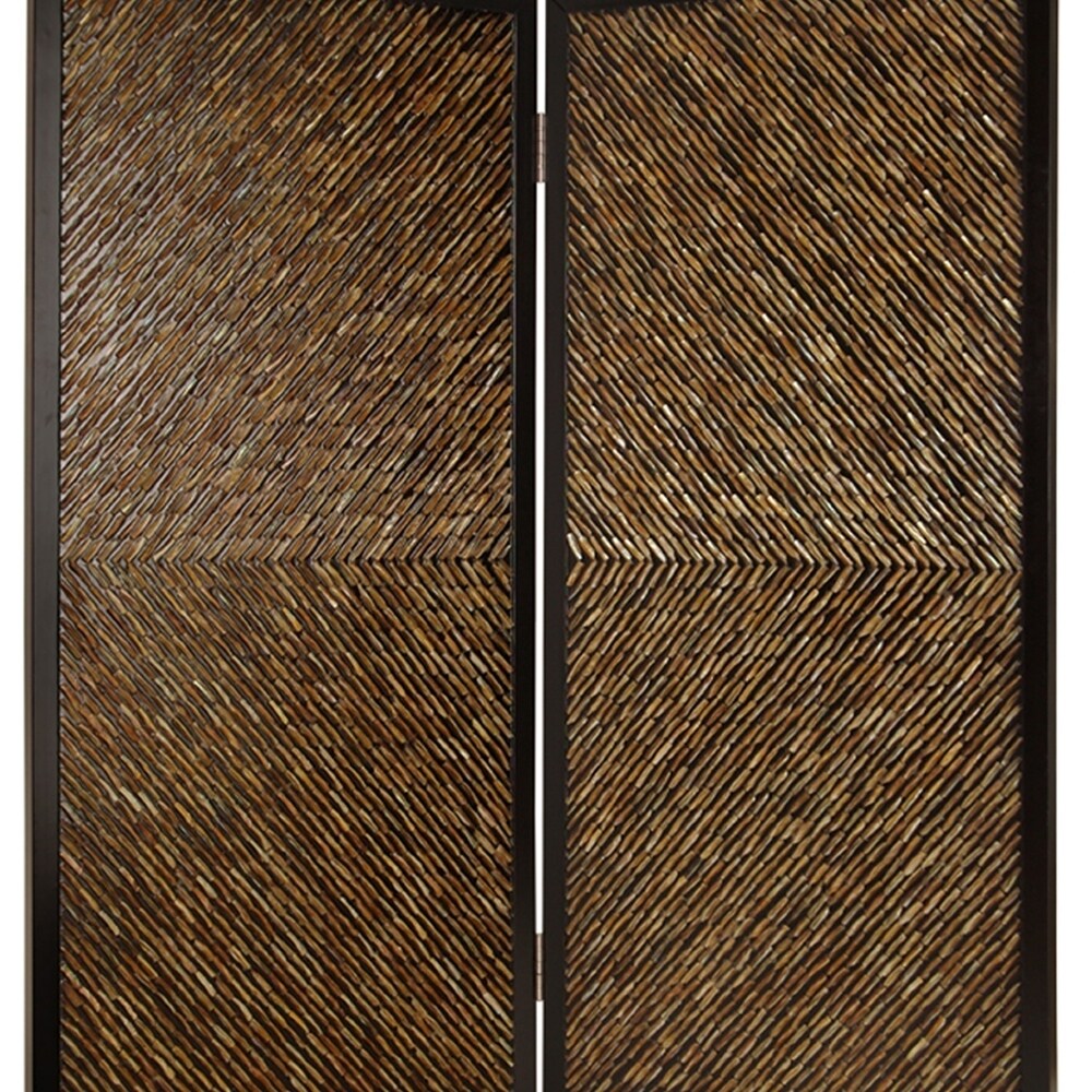 Wooden 2 Panel Room Divider with Abalone Inlay, Large, Brown and Black