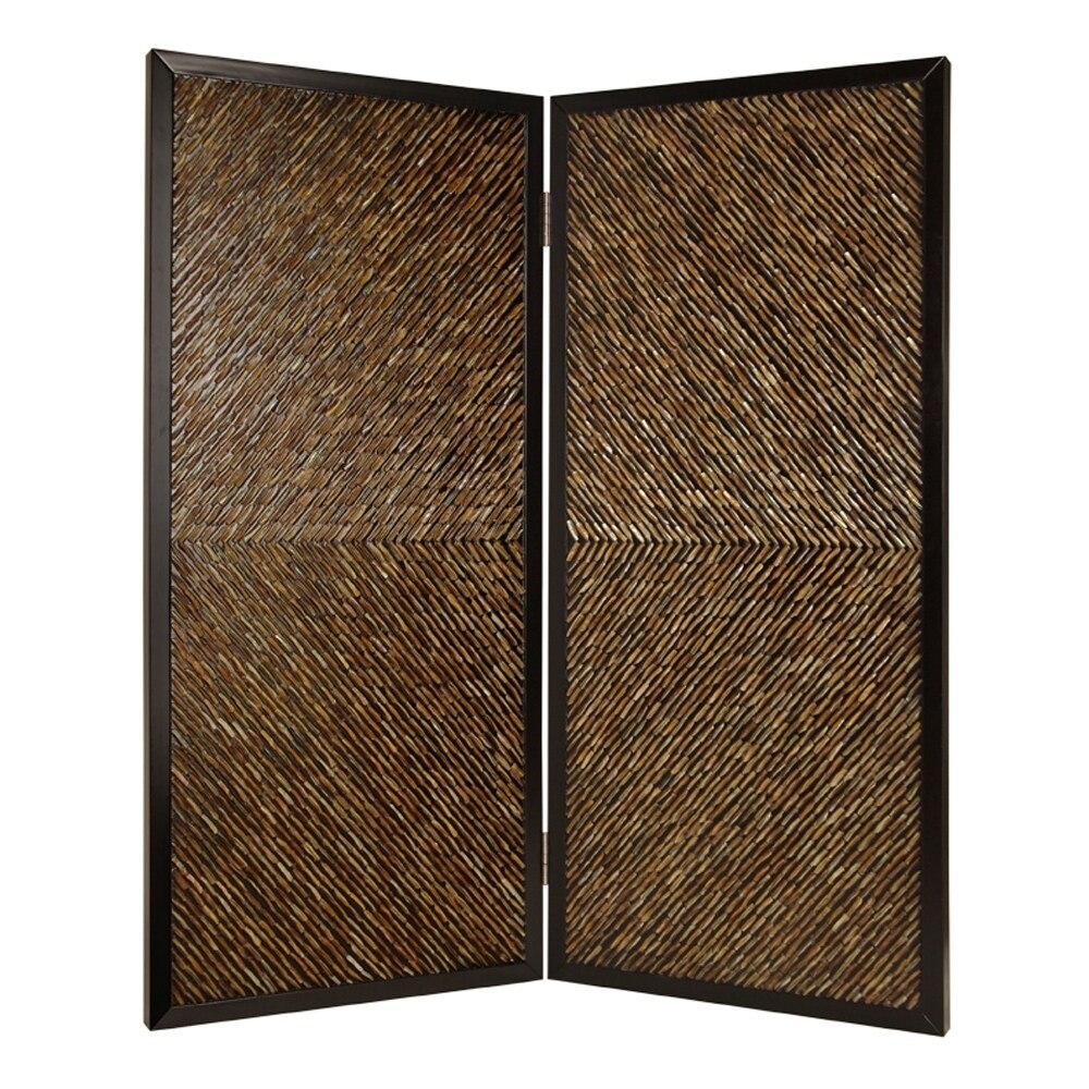 Wooden 2 Panel Room Divider with Abalone Inlay, Large, Brown and Black