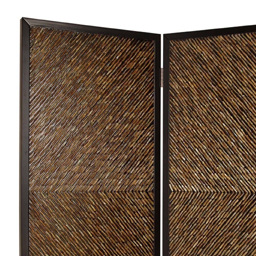 Wooden 2 Panel Room Divider with Abalone Inlay, Large, Brown and Black
