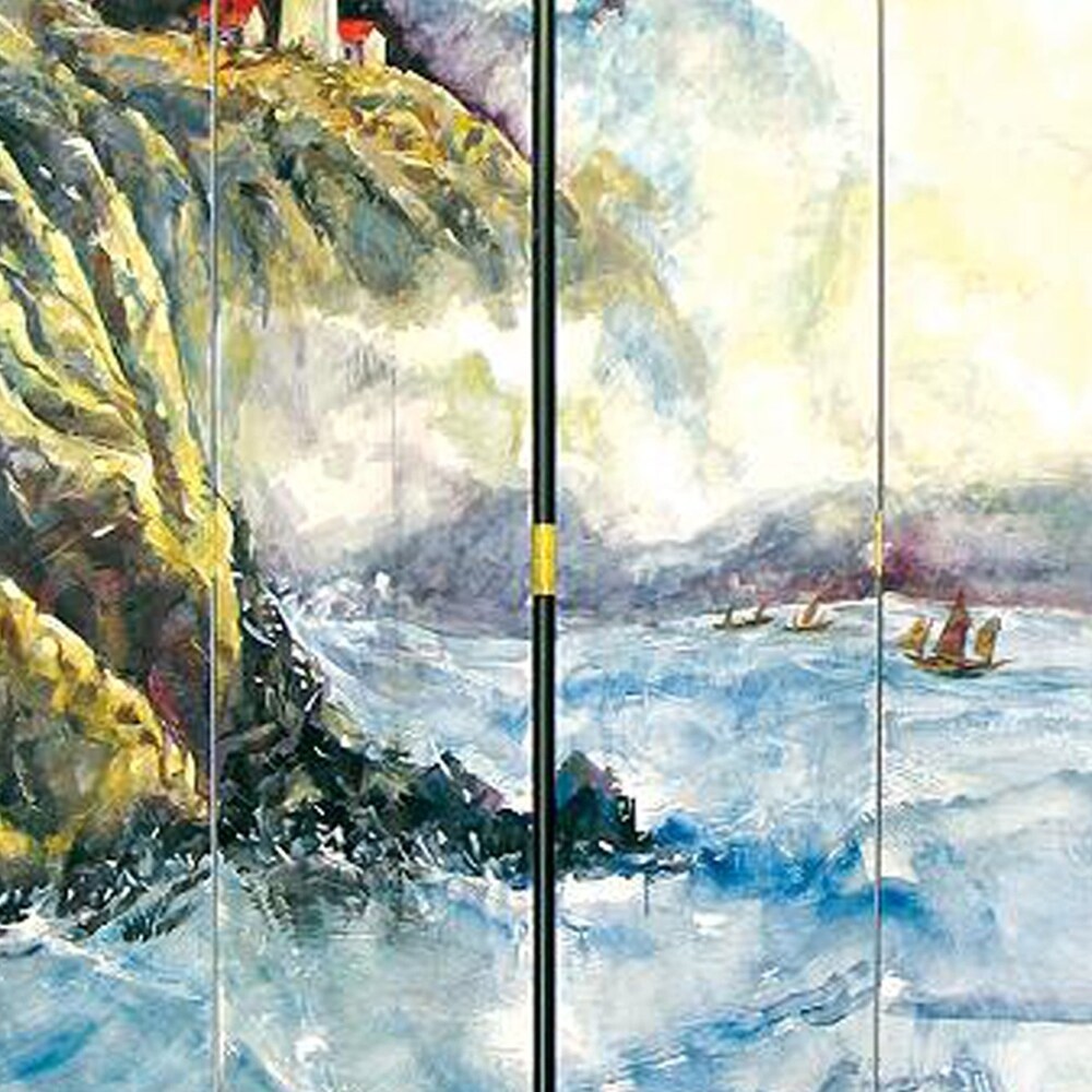 Wooden 4 Panel Room Divider with Landscape Scene, Multicolor