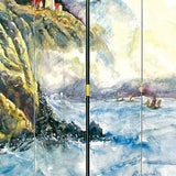 Wooden 4 Panel Room Divider with Landscape Scene, Multicolor