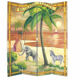 Wooden 4 Panel Room Divider with Ocean and Beach Scene, Multicolor