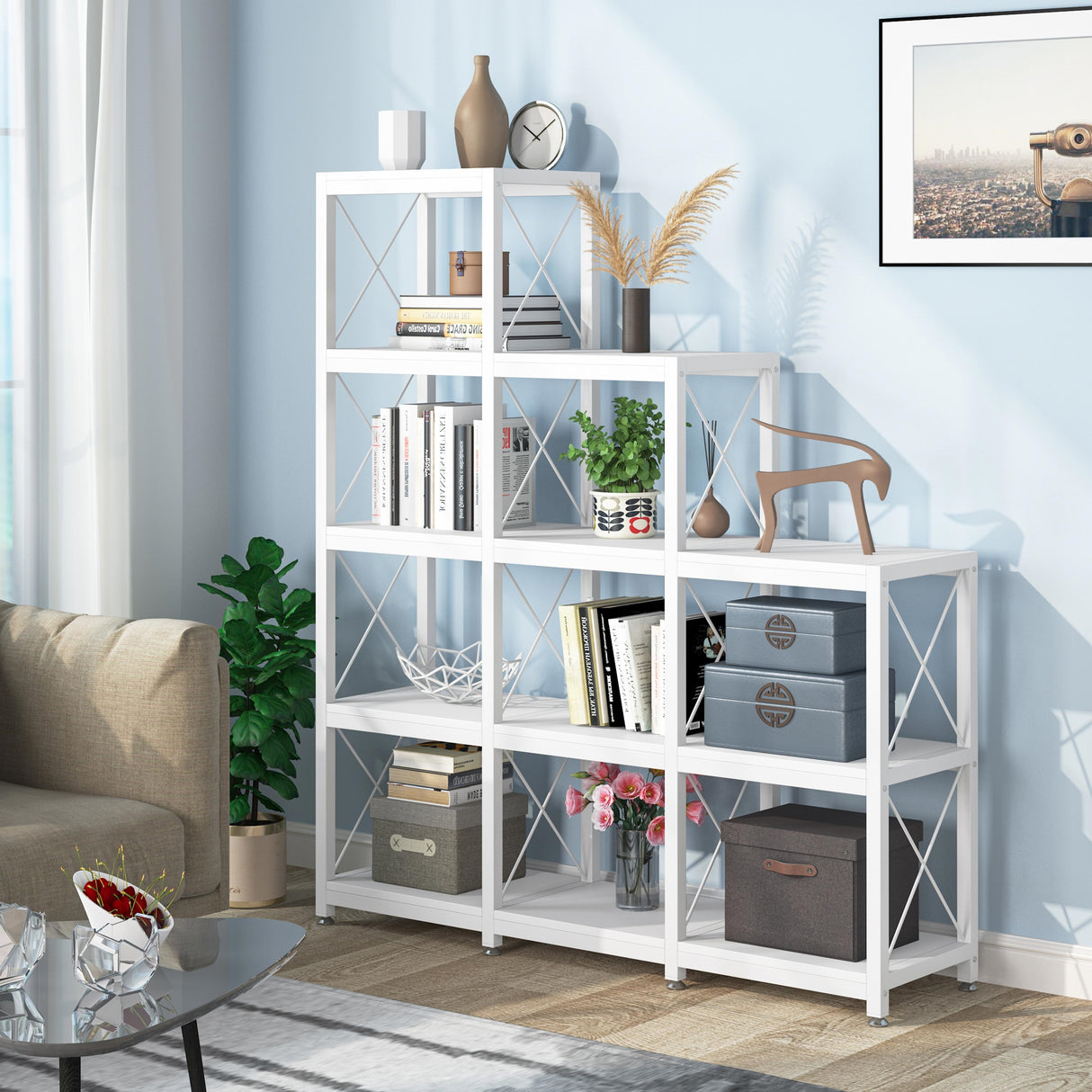 Ladder Corner Bookcase, 12 Shelves Display Shelf, Wooden 5-Tier Bookshelf
