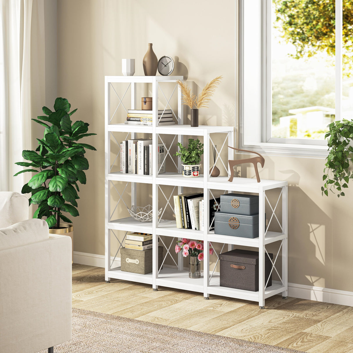 Ladder Corner Bookcase, 12 Shelves Display Shelf, Wooden 5-Tier Bookshelf
