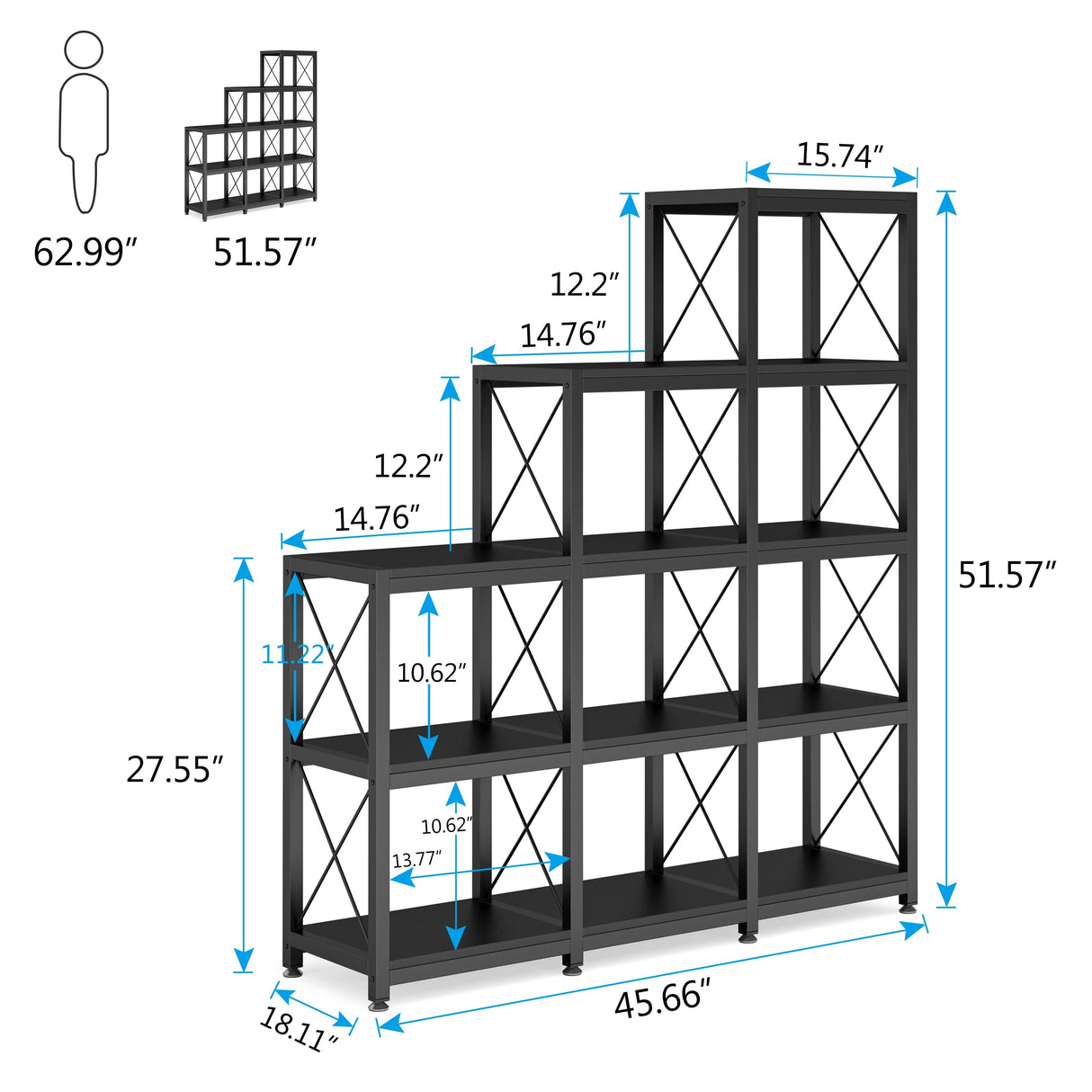 Ladder Corner Bookcase, 12 Shelves Display Shelf, Wooden 5-Tier Bookshelf