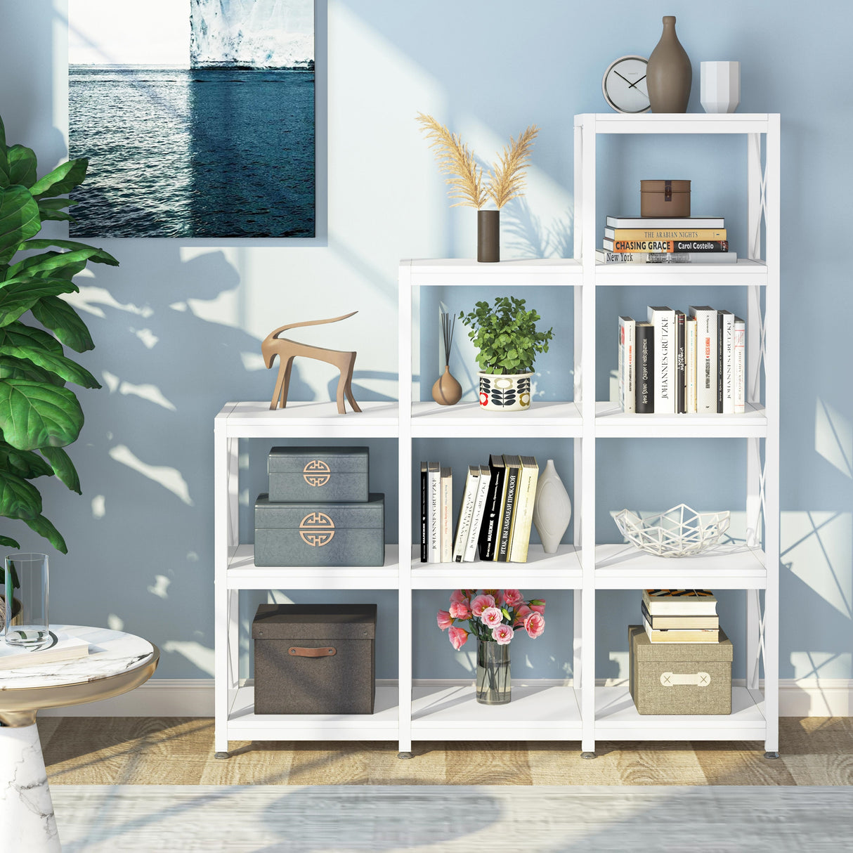 Ladder Corner Bookcase, 12 Shelves Display Shelf, Wooden 5-Tier Bookshelf