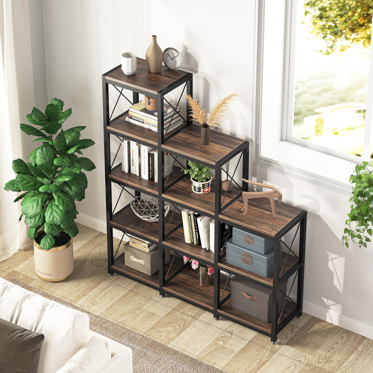 Ladder Corner Bookcase, 12 Shelves Display Shelf, Wooden 5-Tier Bookshelf