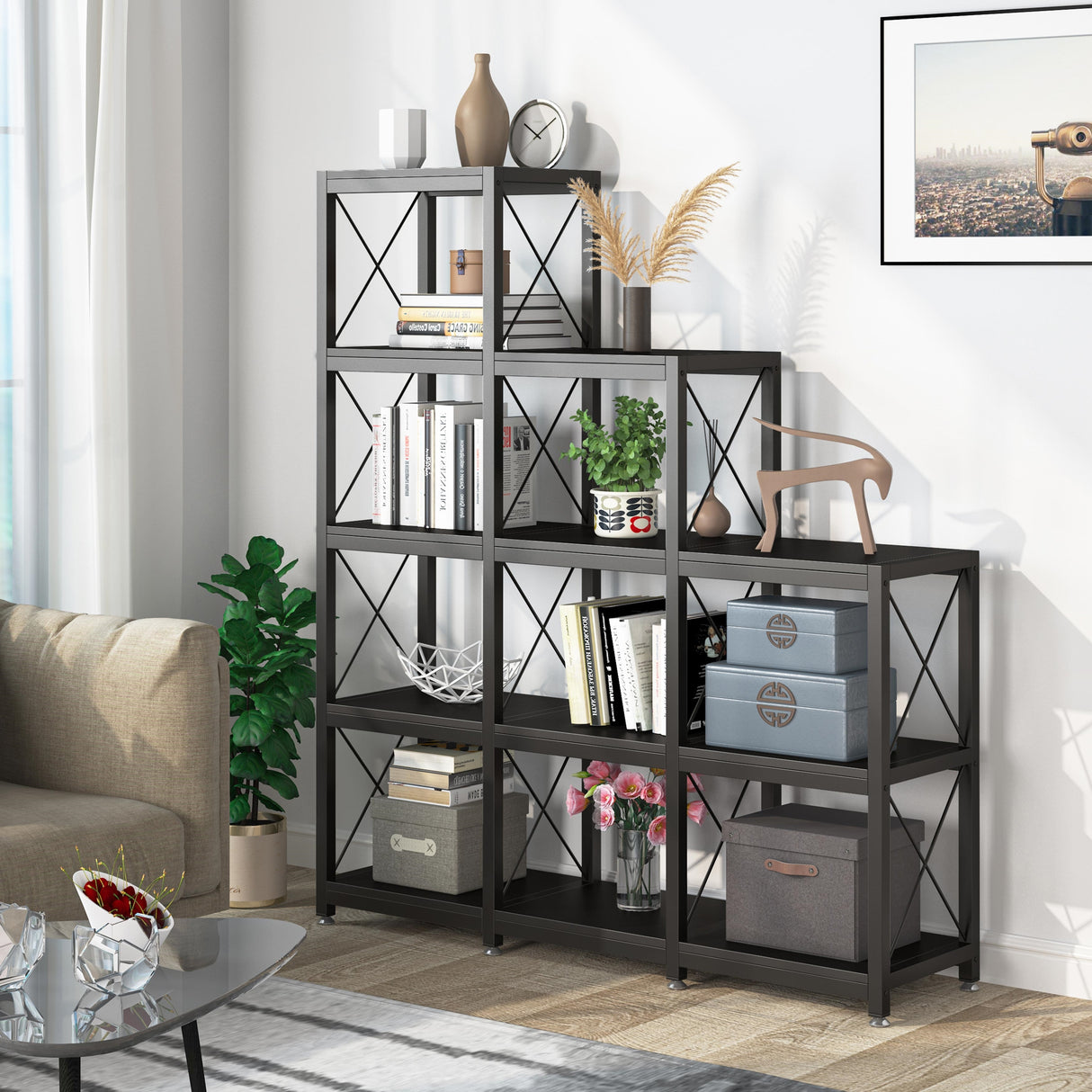 Ladder Corner Bookcase, 12 Shelves Display Shelf, Wooden 5-Tier Bookshelf