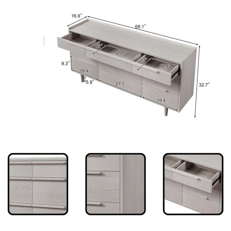 Wooden 9-Drawer Dresser with Solid Wood Legs For Bedroom